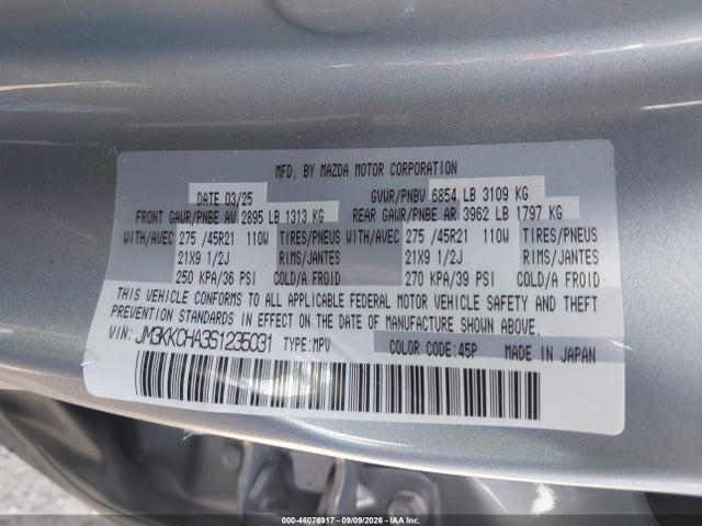 2025 Mazda Cx-90 Phev Premium Sport მანქანა იყიდება აუქციონზე, vin: JM3KKCHA3S1235031, აუქციონის ნომერი: 46076917