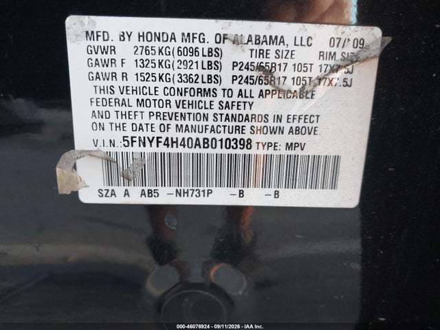 Продаж на аукціоні авто 2010 Honda Pilot Ex, vin: 5FNYF4H40AB010398, номер лоту: 46076924