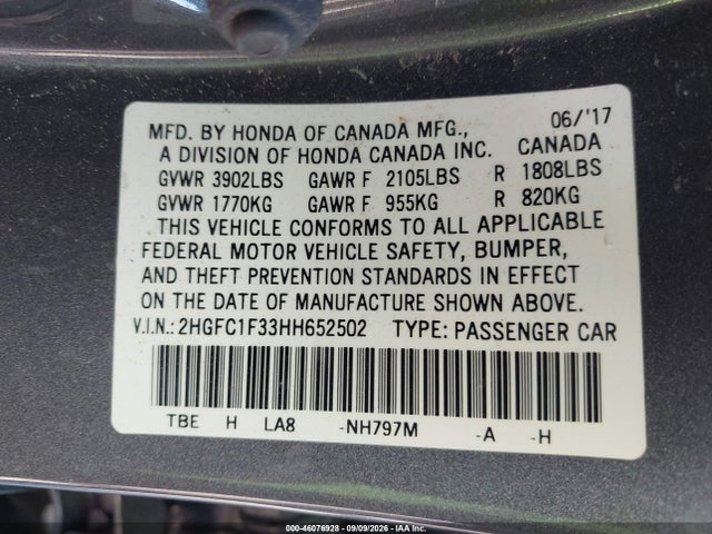Aukcja sprzedaży 2017 Honda Civic Ex-t, vin: 2HGFC1F33HH652502, numer aukcji: 46076928
