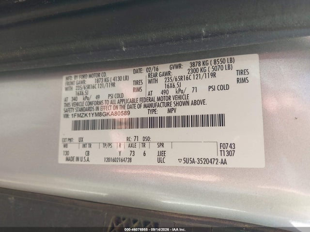 Продажа на аукционе авто 2016 Ford Transit-150 Xlt, vin: 1FMZK1YM8GKA80589, номер лота: 46076955