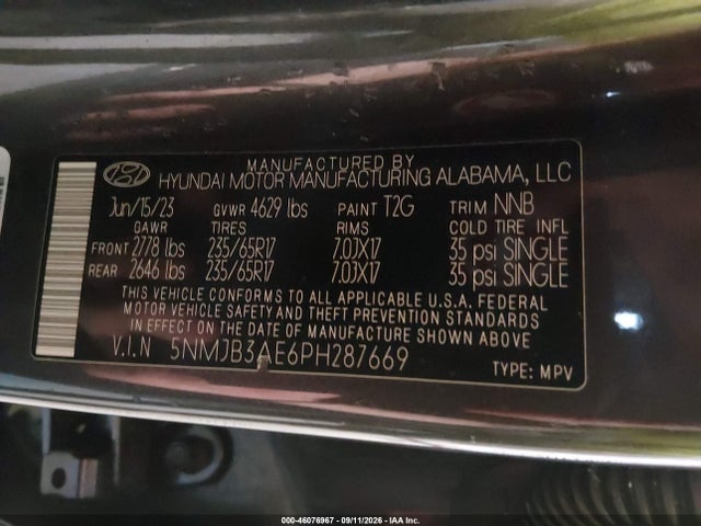 2023 Hyundai Tucson Sel მანქანა იყიდება აუქციონზე, vin: 5NMJB3AE6PH287669, აუქციონის ნომერი: 46076967