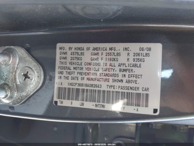46076970 :رقم المزاد ، 1HGCP36818A082643 vin ، 2008 Honda Accord 3.5 Ex-l مزاد بيع