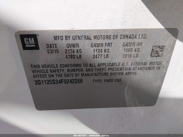Продаж на аукціоні авто 2015 Chevrolet Impala 2lt, vin: 2G1125S34F9242266, номер лоту: 46076971