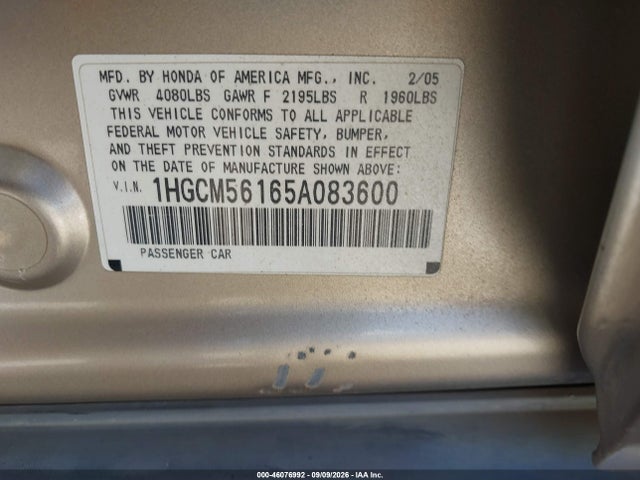 Aukcja sprzedaży 2005 Honda Accord 2.4 Dx, vin: 1HGCM56165A083600, numer aukcji: 46076992