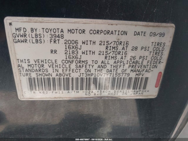 Продаж на аукціоні авто 2000 Toyota Rav4, vin: JT3HP10V7Y7155779, номер лоту: 46076997