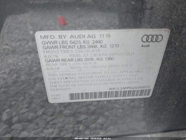 2016 Audi Q5 2.0t Premium მანქანა იყიდება აუქციონზე, vin: WA1L2AFP5GA089872, აუქციონის ნომერი: 46077005