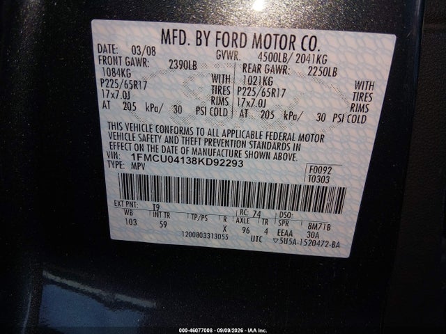 Продажа на аукционе авто 2008 Ford Escape Limited, vin: 1FMCU04138KD92293, номер лота: 46077008