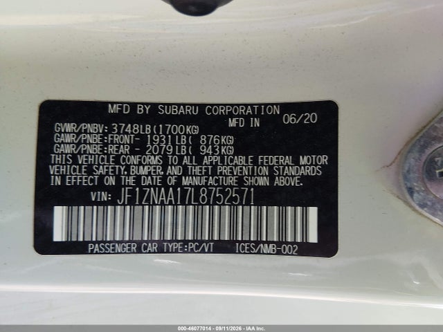 46077014 :رقم المزاد ، JF1ZNAA17L8752571 vin ، 2020 Toyota 86 مزاد بيع