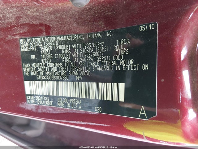 46077018 :رقم المزاد ، 5TDKK3DC9BS037850 vin ، 2011 Toyota Sienna Le V6 مزاد بيع