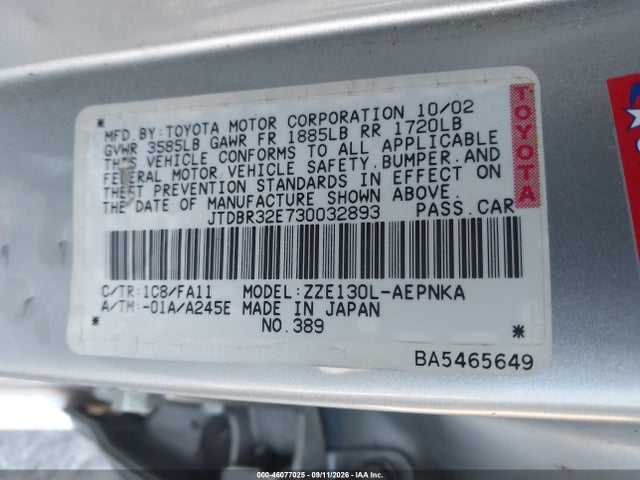 Aukcja sprzedaży 2003 Toyota Corolla Le, vin: JTDBR32E730032893, numer aukcji: 46077025