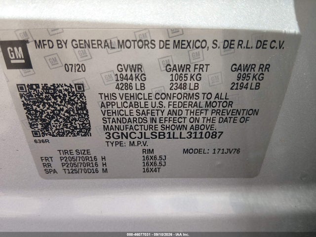 Продажа на аукционе авто 2020 Chevrolet Trax Fwd Lt, vin: 3GNCJLSB1LL311087, номер лота: 46077031