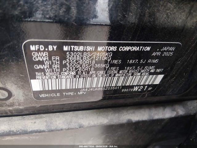 Продажа на аукционе авто 2025 Mitsubishi Outlander Es 2.5 S-awc, vin: JA4J4UA86SZ035011, номер лота: 46077034
