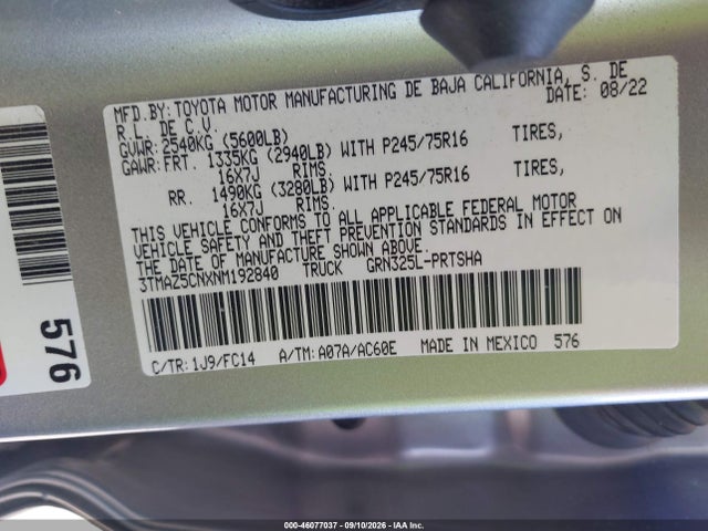 2022 Toyota Tacoma Sr5 V6 მანქანა იყიდება აუქციონზე, vin: 3TMAZ5CNXNM192840, აუქციონის ნომერი: 46077037