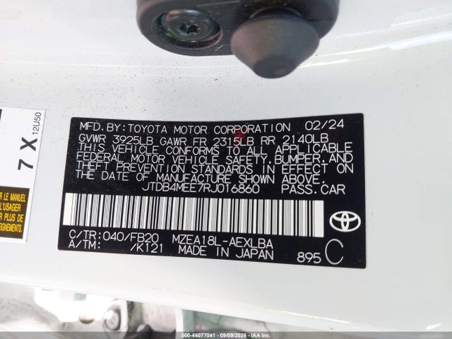 46077041 :رقم المزاد ، JTDB4MEE7RJ016860 vin ، 2024 Toyota Corolla Le مزاد بيع