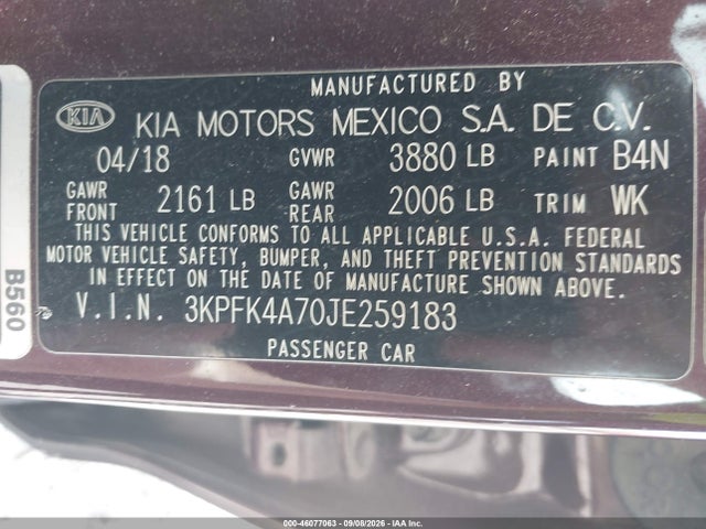 Продажа на аукционе авто 2018 Kia Forte Lx, vin: 3KPFK4A70JE259183, номер лота: 46077063