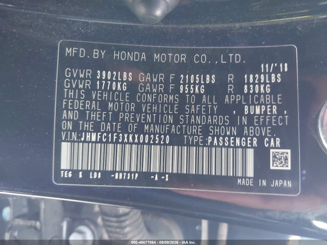 Honda CIVIC EX 2019 JHMFC1F3XKX002520 Image 9