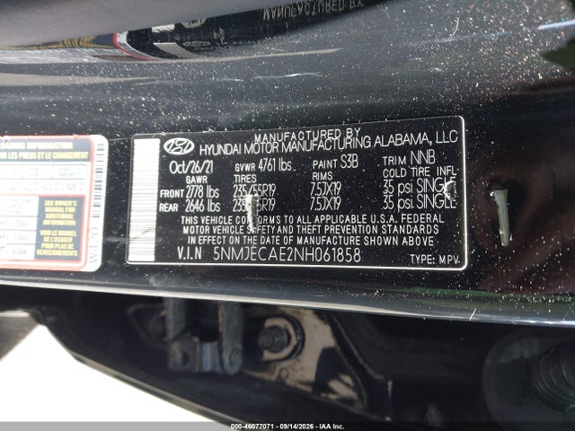 Продажа на аукционе авто 2022 Hyundai Tucson Limited, vin: 5NMJECAE2NH061858, номер лота: 46077071