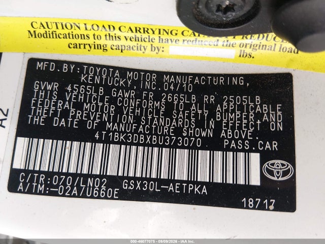 Auction sale of the 2011 Toyota Avalon Limited, vin: 4T1BK3DBXBU373070, lot number: 46077075