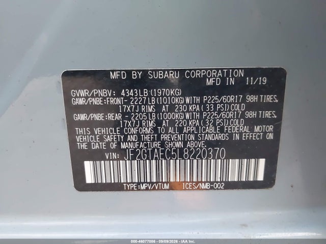 Aukcja sprzedaży 2020 Subaru Crosstrek Premium, vin: JF2GTAEC5L8220370, numer aukcji: 46077086