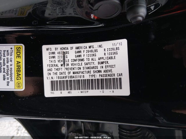 46077091 :رقم المزاد ، 19UUA9F59BA001619 vin ، 2011 Acura Tl 3.7 مزاد بيع