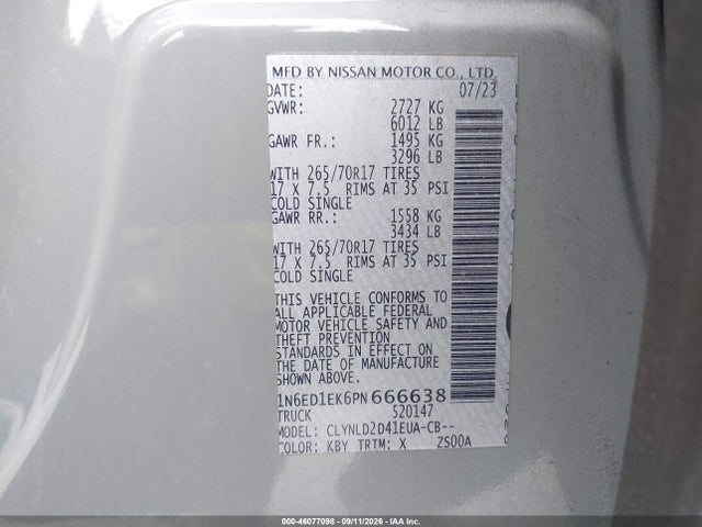 Продажа на аукционе авто 2023 Nissan Frontier Pro-4x 4x4, vin: 1N6ED1EK6PN666638, номер лота: 46077098