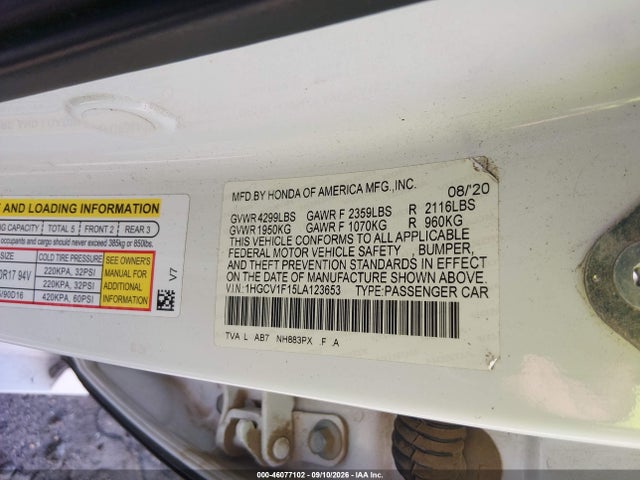 46077102 :رقم المزاد ، 1HGCV1F15LA123653 vin ، 2020 Honda Accord Lx مزاد بيع