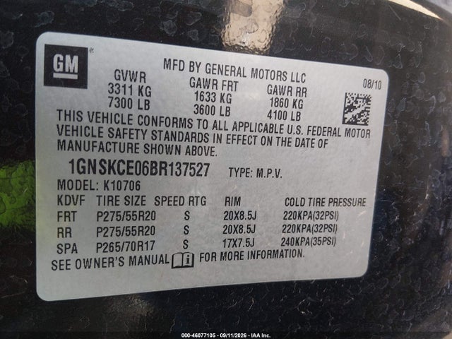 2011 Chevrolet Tahoe Ltz მანქანა იყიდება აუქციონზე, vin: 1GNSKCE06BR137527, აუქციონის ნომერი: 46077105