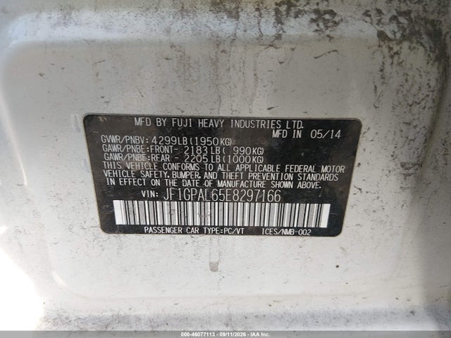 46077113 :رقم المزاد ، JF1GPAL65E8297166 vin ، 2014 Subaru Impreza 2.0i Sport Premium مزاد بيع