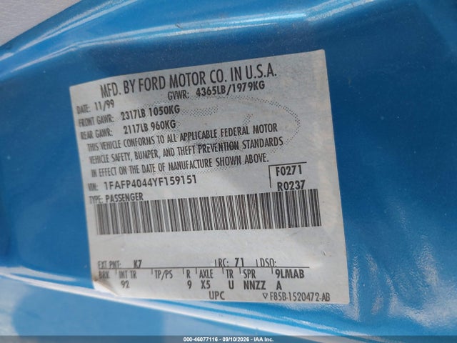 46077116 :رقم المزاد ، 1FAFP4044YF159151 vin ، 2000 Ford Mustang مزاد بيع