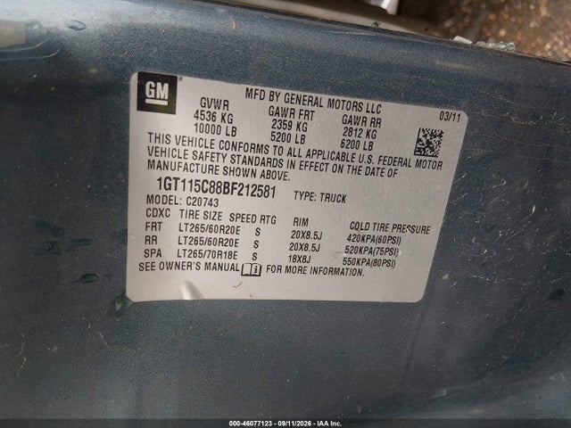 46077123 :رقم المزاد ، 1GT115C88BF212581 vin ، 2011 Gmc Sierra 2500hd Denali مزاد بيع