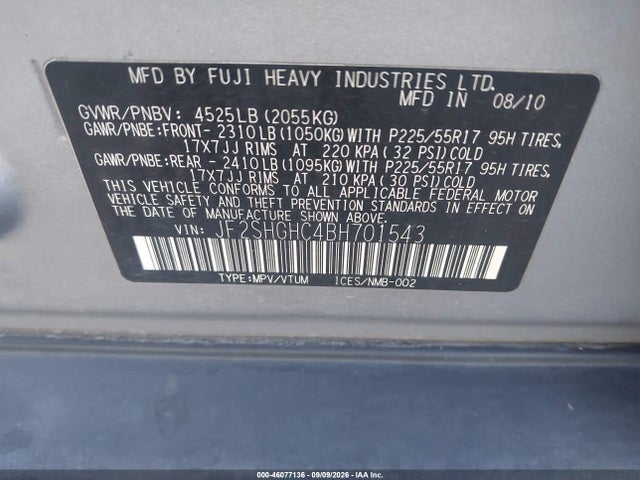 46077136 :رقم المزاد ، JF2SHGHC4BH701543 vin ، 2011 Subaru Forester 2.5xt Touring مزاد بيع
