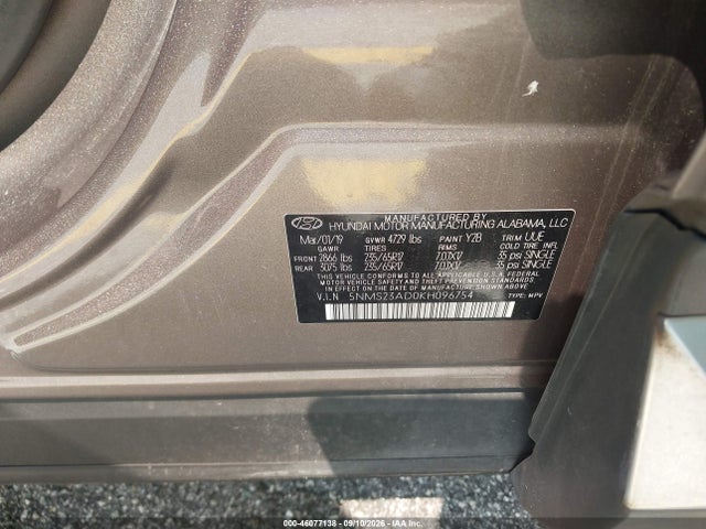 Продаж на аукціоні авто 2019 Hyundai Santa Fe Se, vin: 5NMS23AD0KH096754, номер лоту: 46077138