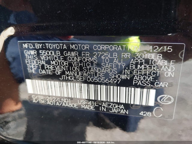 Aukcja sprzedaży 2016 Lexus Ls 460 L, vin: JTHGL5EF0G5056497, numer aukcji: 46077140
