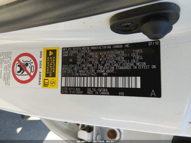 46077141 :رقم المزاد ، 2T2BK1BA8AC073425 vin ، 2010 Lexus Rx 350 مزاد بيع