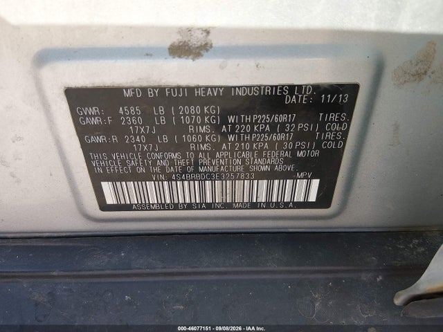 Subaru Outback 2.5i Premium 2014 4S4BRBDC3E3257833 Image 9