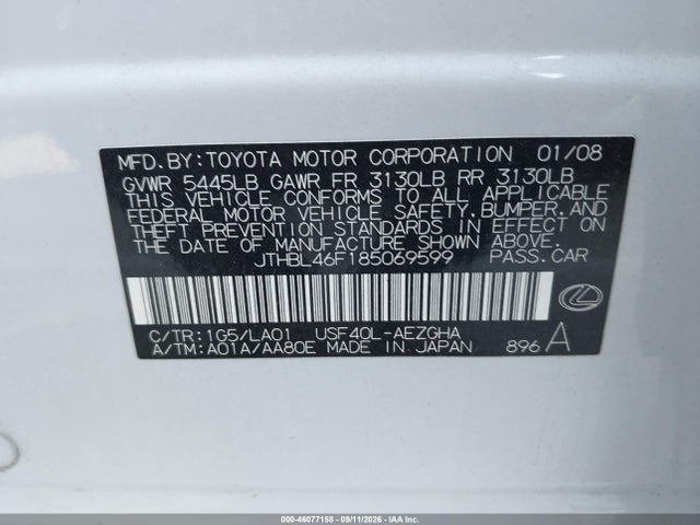 Aukcja sprzedaży 2008 Lexus Ls 460, vin: JTHBL46F185069599, numer aukcji: 46077158