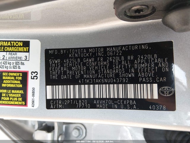 2022 Toyota Camry Xse Hybrid მანქანა იყიდება აუქციონზე, vin: 4T1K31AK6NU043792, აუქციონის ნომერი: 46077164