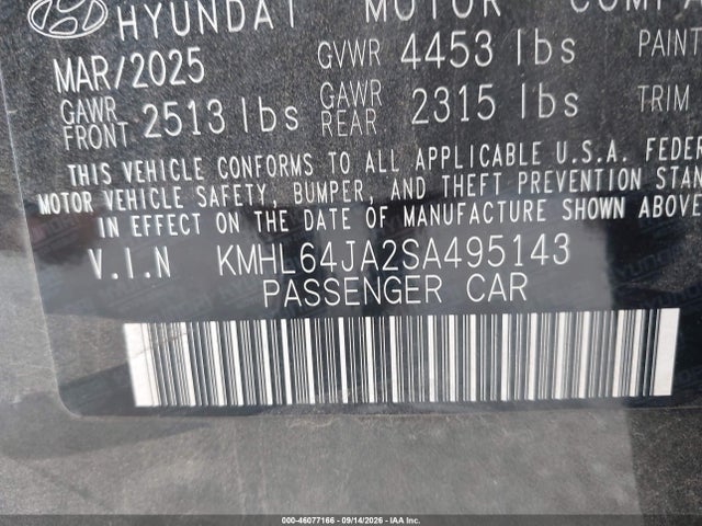 Продажа на аукционе авто 2025 Hyundai Sonata Sel, vin: KMHL64JA2SA495143, номер лота: 46077166