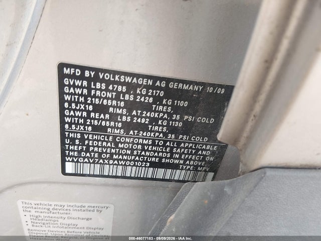Продажа на аукционе авто 2010 Volkswagen Tiguan S, vin: WVGAV7AX9AW001023, номер лота: 46077183
