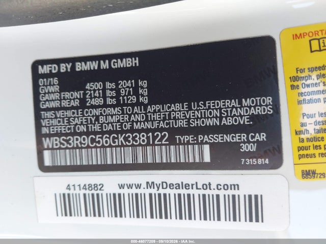 46077209 :رقم المزاد ، WBS3R9C56GK338122 vin ، 2016 Bmw M4 مزاد بيع