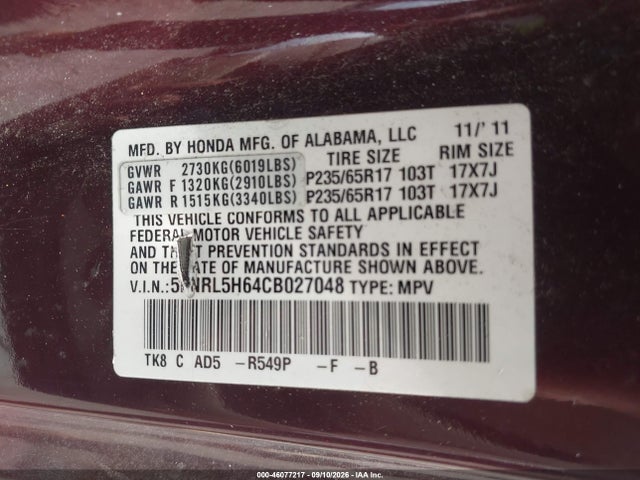 Aukcja sprzedaży 2012 Honda Odyssey Ex-l, vin: 5FNRL5H64CB027048, numer aukcji: 46077217