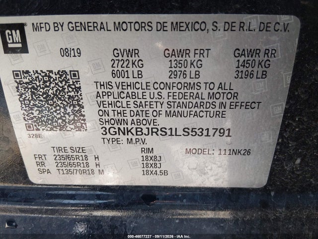 46077227 :رقم المزاد ، 3GNKBJRS1LS531791 vin ، 2020 Chevrolet Blazer Awd 3lt مزاد بيع