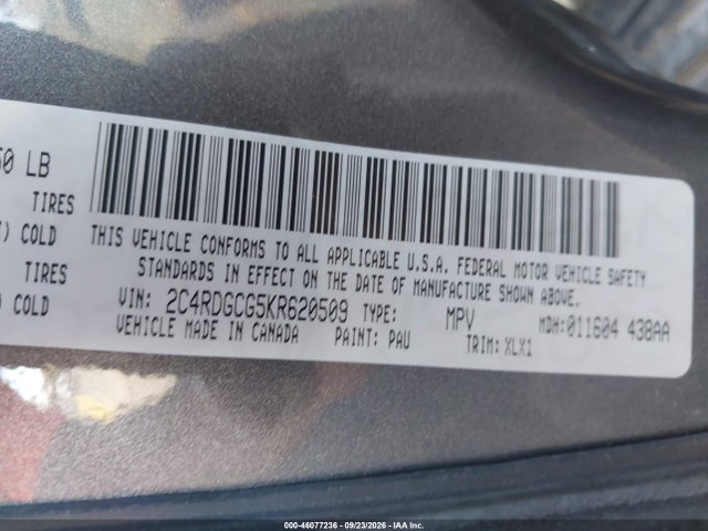 46077236 :رقم المزاد ، 2C4RDGCG5KR620509 vin ، 2019 Dodge Grand Caravan Sxt مزاد بيع