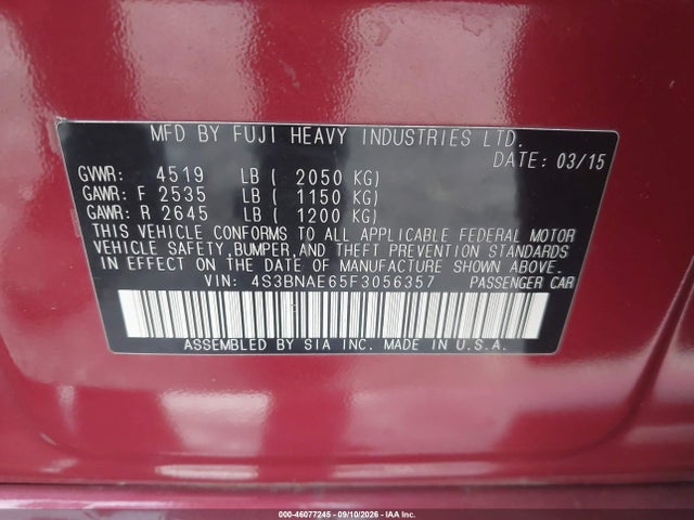 Aukcja sprzedaży 2015 Subaru Legacy 2.5i Premium, vin: 4S3BNAE65F3056357, numer aukcji: 46077245