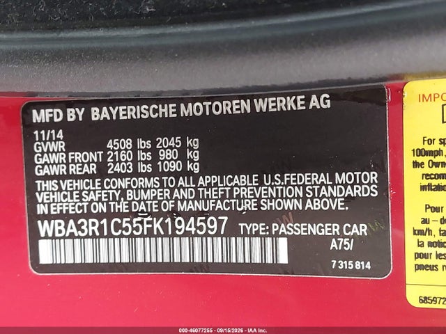 46077255 :رقم المزاد ، WBA3R1C55FK194597 vin ، 2015 Bmw 435i مزاد بيع