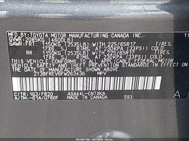 Продажа на аукционе авто 2015 Toyota Rav4 Le, vin: 2T3BFREV6FW263436, номер лота: 46077263