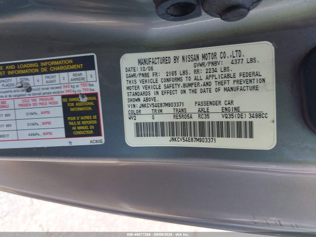 46077266 :رقم المزاد ، JNKCV54E87M903371 vin ، 2007 Infiniti G35 مزاد بيع