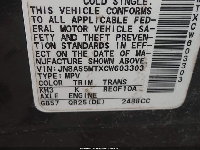 46077269 :رقم المزاد ، JN8AS5MTXCW603303 vin ، 2012 Nissan Rogue Sv مزاد بيع