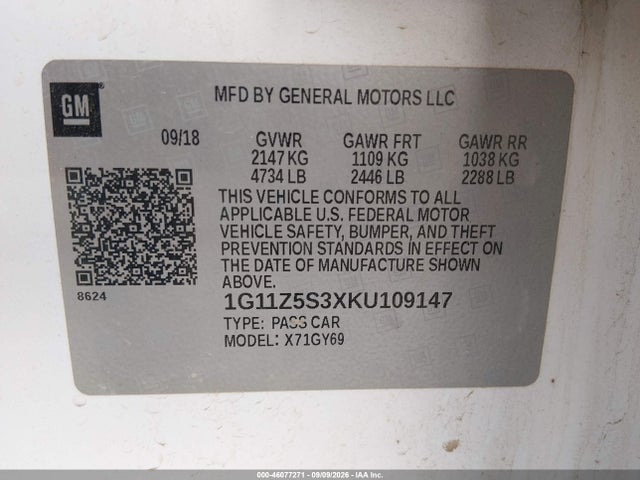 Aukcja sprzedaży 2019 Chevrolet Impala Lt, vin: 1G11Z5S3XKU109147, numer aukcji: 46077271