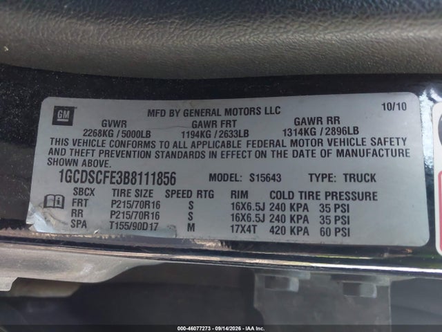 46077273 :رقم المزاد ، 1GCDSCFE3B8111856 vin ، 2011 Chevrolet Colorado 1lt مزاد بيع